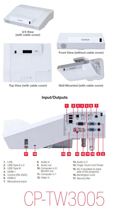Hitachi CP-TW3005 Projector WXGA Ultra Short Throw (UST) Projector No Remote Inc Hitachi CP-TW3005 Projector WXGA Ultra Short Throw (UST) Projector No Remote Inc